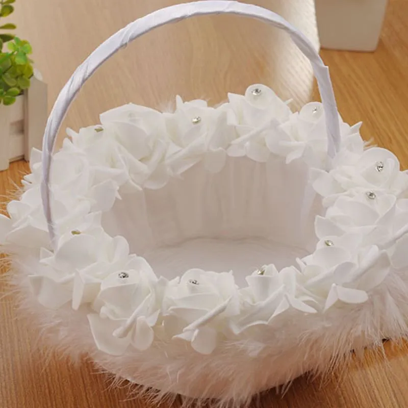 Western Wedding Ceremony Romantic Flower Girls Basket Rhinestone Foam Rose Flower Feathers Petals Bouquets Holder