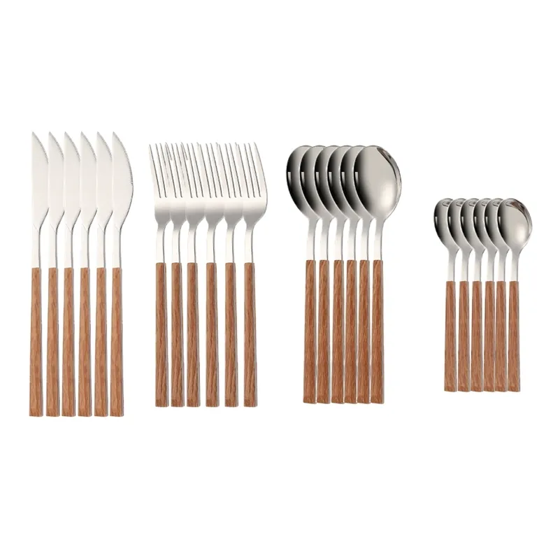 24 st Kitchen bestick set redskap rostfritt stål gaffelskedar kniv teskedar dableware porslin sätter imitation trä handtag 211012