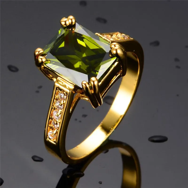 Anéis de casamento feminino de luxo de oliva anel de cristal amarelo dourado fino para mulheres engajamento de pedra de zircão quadrado vintage