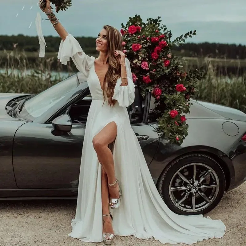 Sexy Bohemain Beach Plus Size Wedding Dresses Plunging V Neck Long Sleeves High Side Split A Line Chiffon Beach Wedding Dress Bridal Gown From 88 66 DHgate