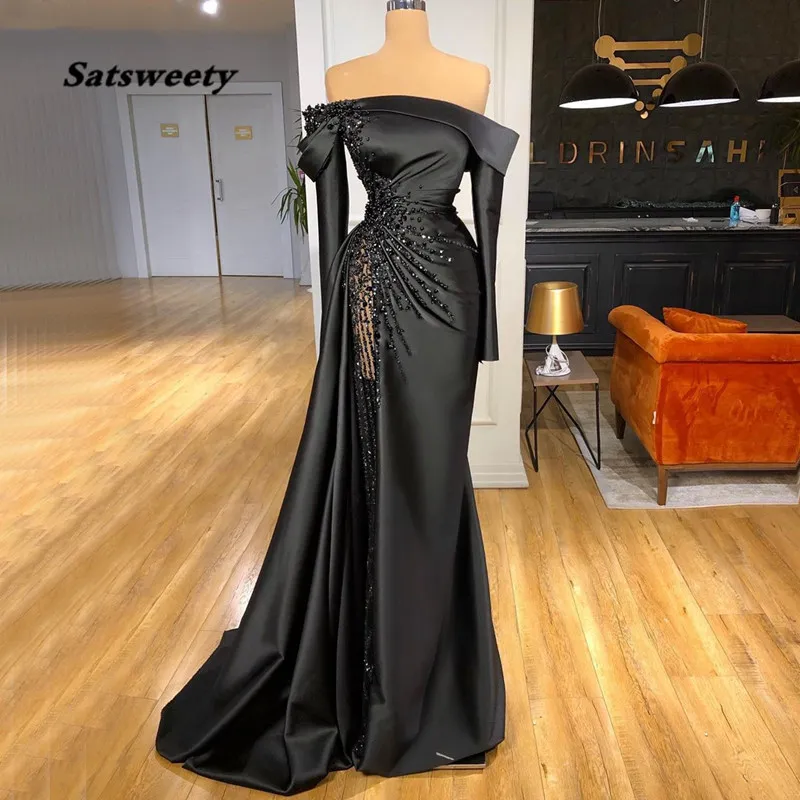 Mermaid Long Sleeves Evening Dresses 2 Pieces High Neck Beaded Satin Prom Dress Plus Size Women Formal Party Gowns