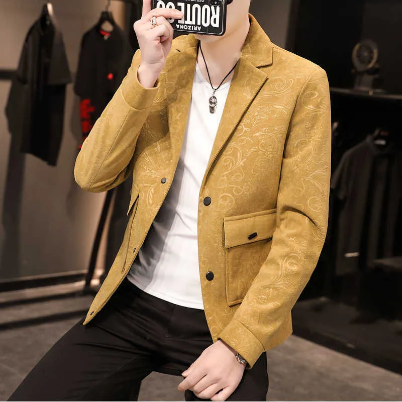 Весенняя куртка Мужчины Корейский поворотный воротник Куртки для мужчин Мода Печатная Повседневная Slim Fit Coats Brand Overcoat Мужская одежда 210527
