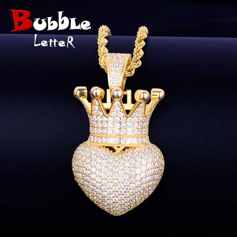 Crown Heart Necklace Pendant Gold Colore Gold Plionato AAA Cubic Zircic maschi's Women Hip Hop Rock Jewelry X0707