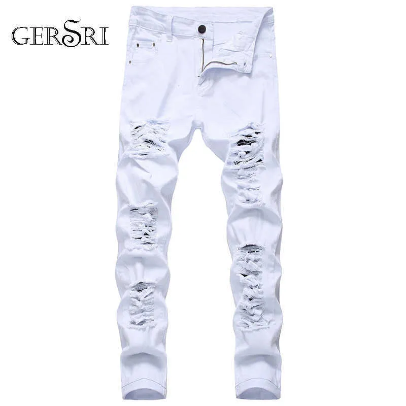Gersri Straight Hole Destruction Trousers Distressed Jeans Men Denim Trousers Men Jeans Fashion Designer Brand White Jean Male X0621