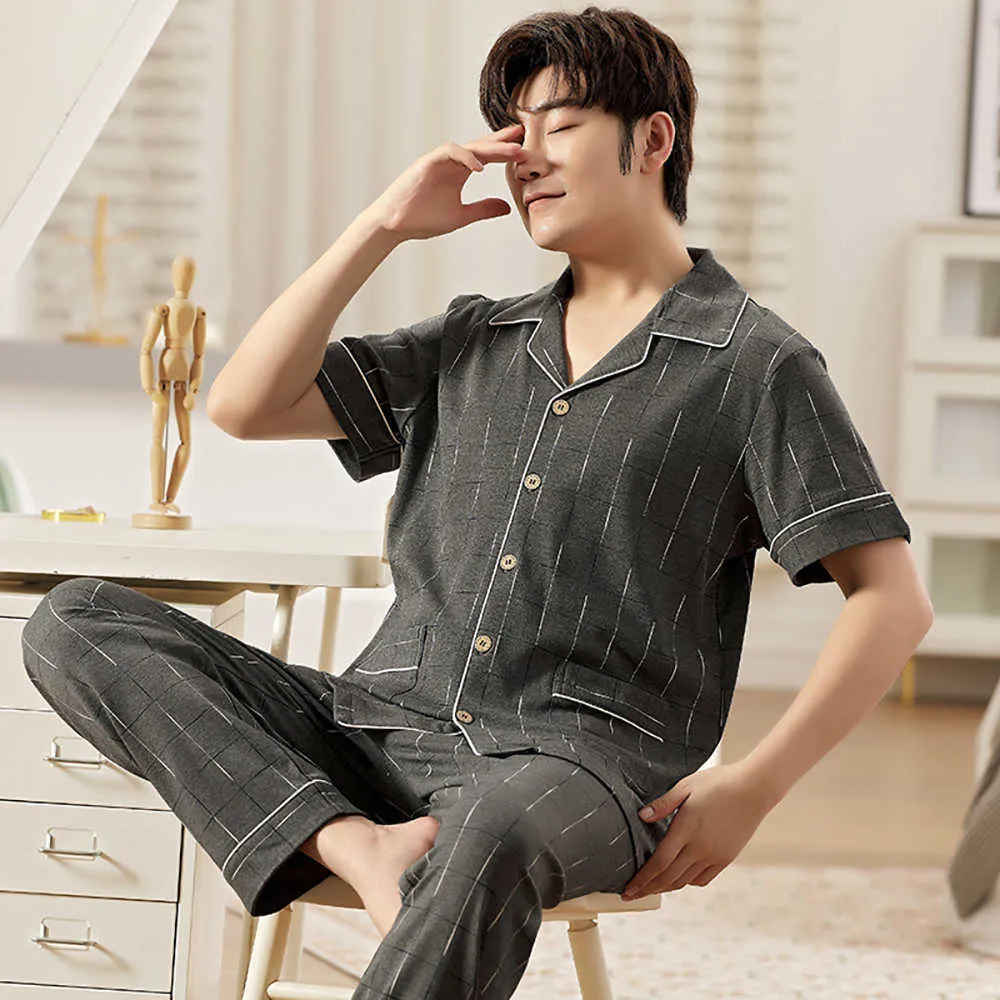 100 Cotton Summer Thin Pijama for Men Casual Lounge Sleepwear Pyjamas Spring Plaid Print Pajamas Sets Male Pijama With Buttons 210901
