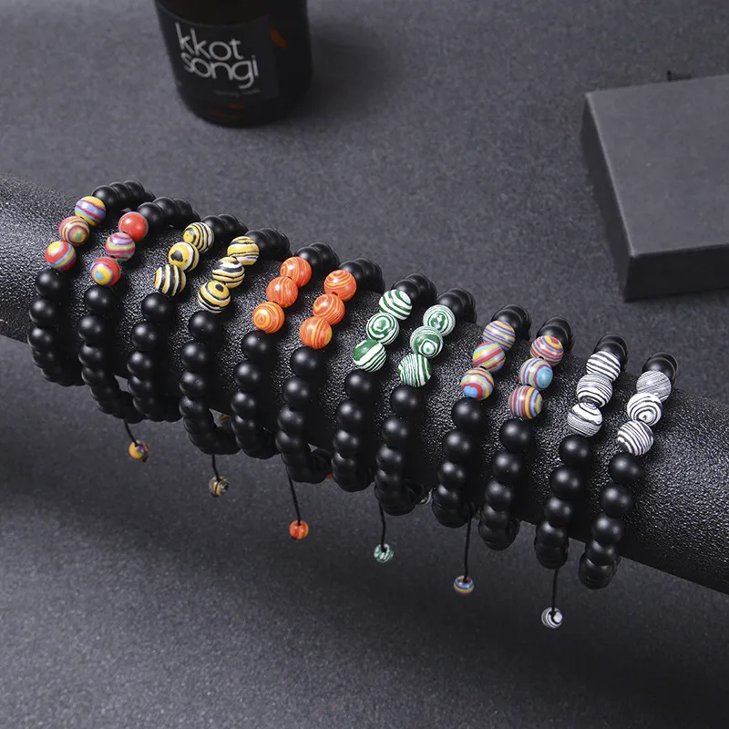 Friendshhip 8 mm Retro-Matt-Malachit-Strang, schwarzer Stein, geflochtenes Chakra-Perlen-Armband-Set für Damen und Herren, Yoga, Buddha-Energie-Schmuck