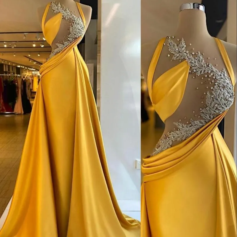 Vestidos de fiesta 2022 Sirena amarilla brillante Ropa de noche formal Apliques de encaje con cuentas Sexy Top Illusion Vestido de fiesta Vestido de Nova