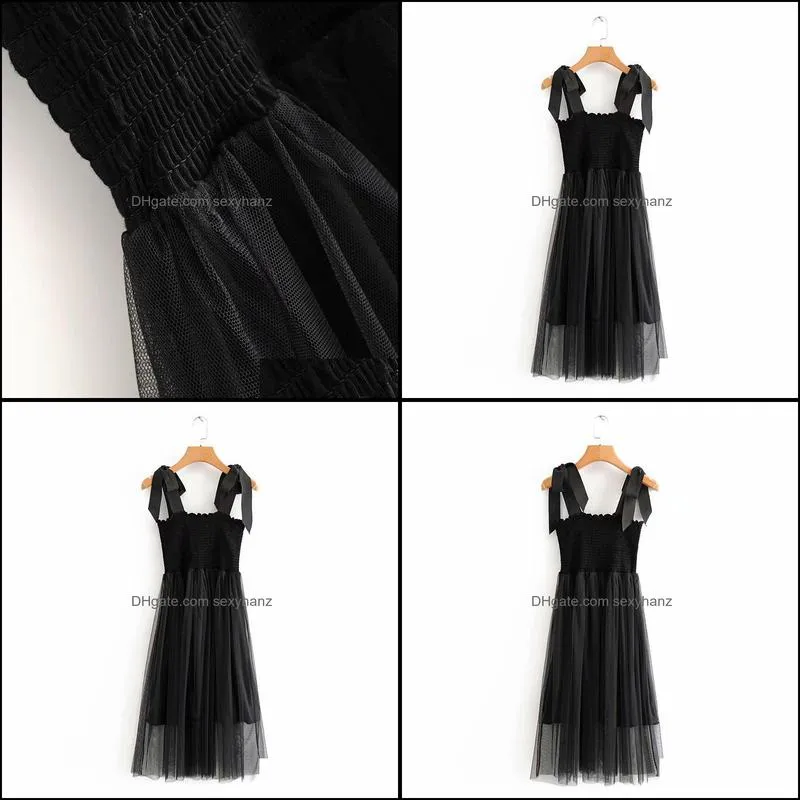 Casual Dresses 2021 Women Sexy Bow Tied Strap Mesh Patchwork Black Sling Dress Ladies Elastic Slim Chic Vestido Party DS3798