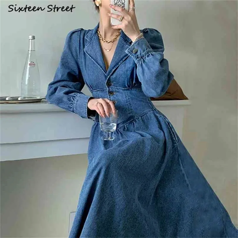 Chic Bandage Jean Dress Woman Clothes Light Blue Single-breasted Vestidos Lantern Sleeve Long Lace-Up Klänningar Kvinna Vår 210603