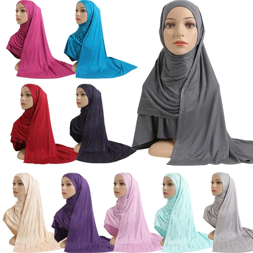 코튼 저지 Hijab 스카프 단단한 라인 석 부드러운 탄성 여성 Headscarf 무슬림 패션 이슬람교 헤드 랩 터번 긴 스카프 목도리