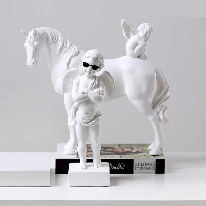 Zegary ścienne rzymska mitologia biała amorki anioła figurki koni statua żywica rzemiosło domowe akcesoria R1762 Europejska Europa Europejska