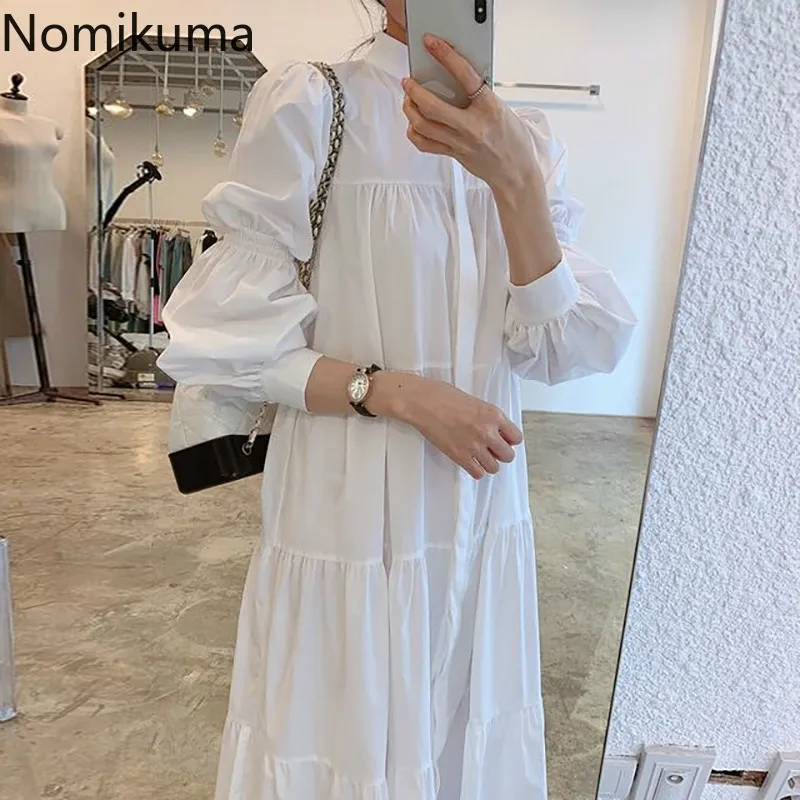 Nomikuma Vestidos New Arrival Stand Collar Manga Longa Vestido Branco Mulheres Cor Sólida Uma Linha Vestidos Vintage Estilo Coreano 3C363 210303