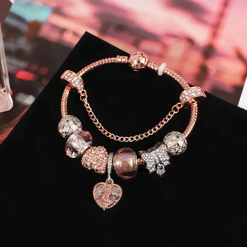 Strands love Rose gold bracelet set with diamond pink glass beads round hole lover jewelry