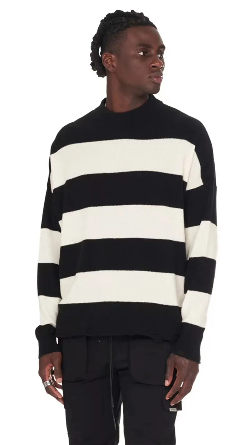 Новые 21FW черные белые полосы представляют собой свитер мужчины женщины высококачественные толстые кофты Crewneck Vintage разрушенный кисточкой вязаный джемпер BSAJ 9TI5