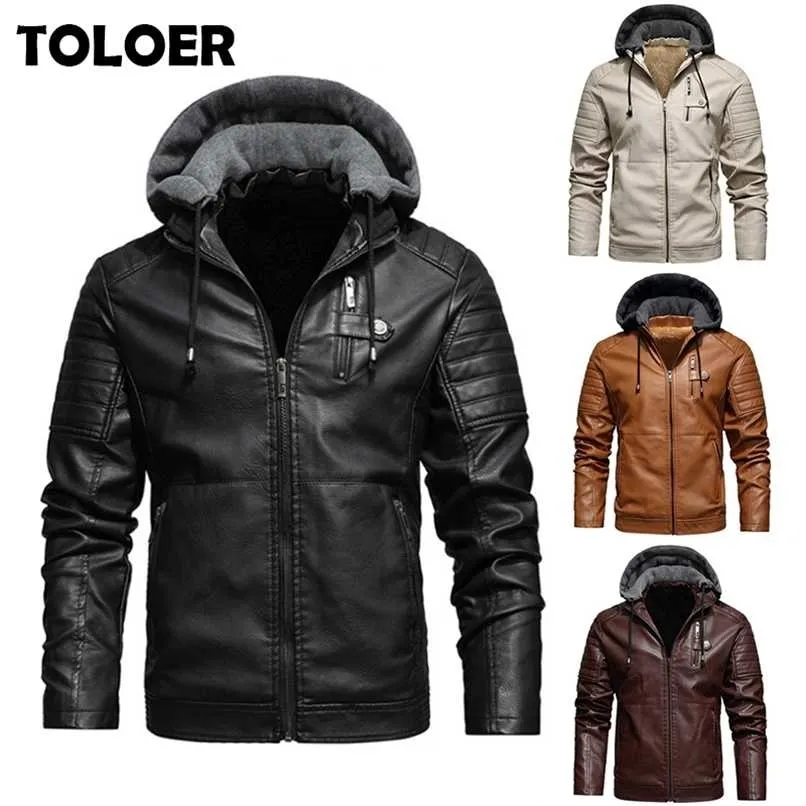 Мужские куртки из искусственной кожи с флисовой подкладкой, пальто с капюшоном, осенне-зимняя повседневная мотоциклетная куртка для мужчин, ветровка, байкерские куртки 211119