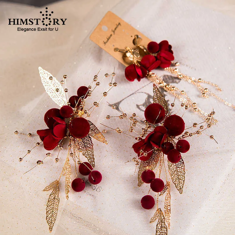 HIMSTORY最新のブリダ結婚式のヘアウェアセットゴールドの葉の手作りのヘッドドレスヘアイヤリングアクセサリーセットH1022