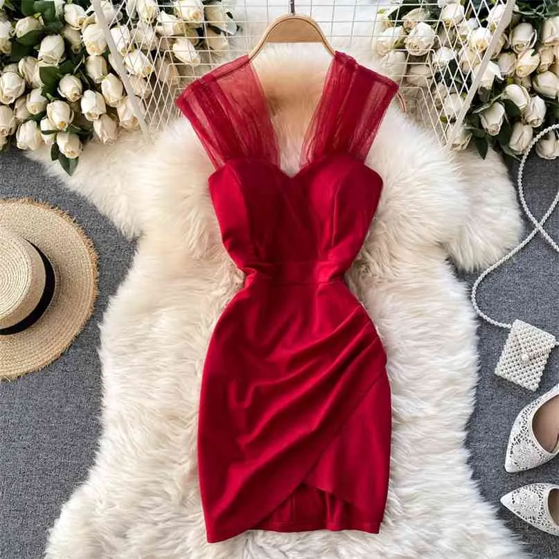 Women Fashion Sexy Mesh Stitching Short Dress Lady Sleeveless Solid Color Party Club Korean Vestidos De Mujer Q773 210527