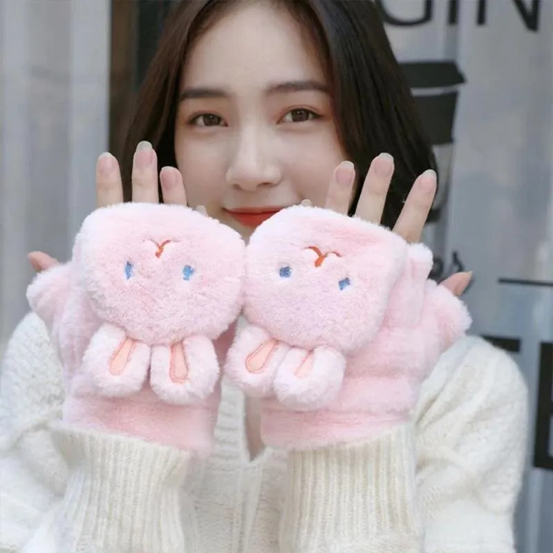 Five Fingers Gloves Winter Glove Cute Warm Womens Flip Half Finger