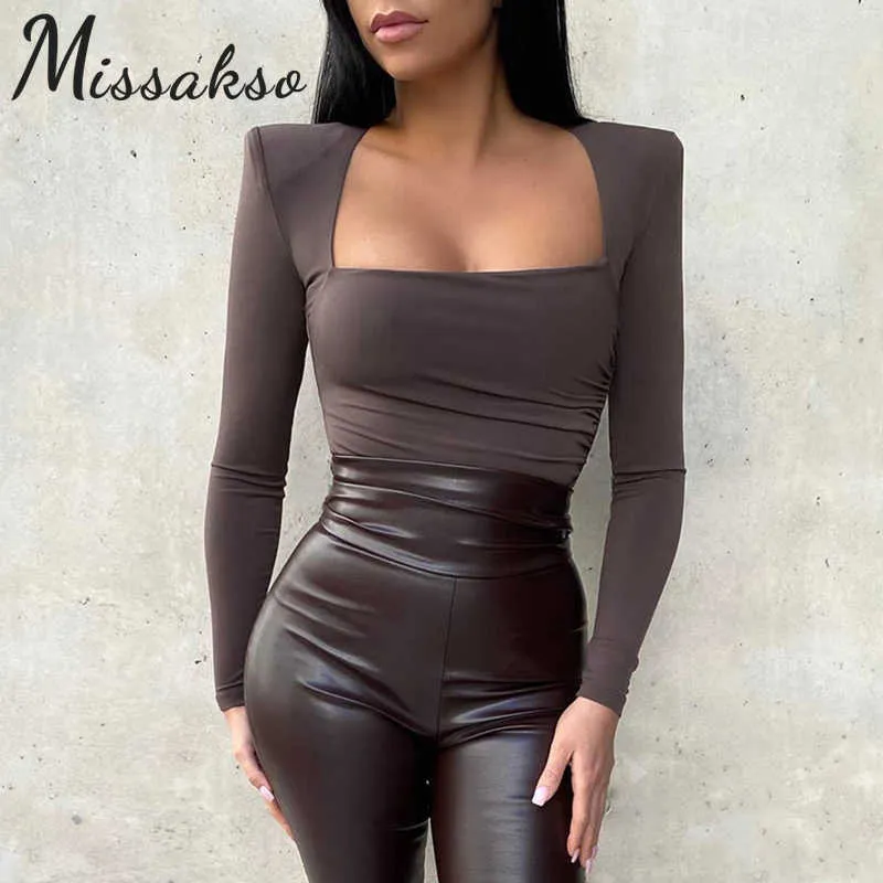 Missakso Sexy Skinny Bodysuit Square Neck Women Spring Autumn Fashion Black Long Sleeve Ladies Rompers Party Outfits 210625