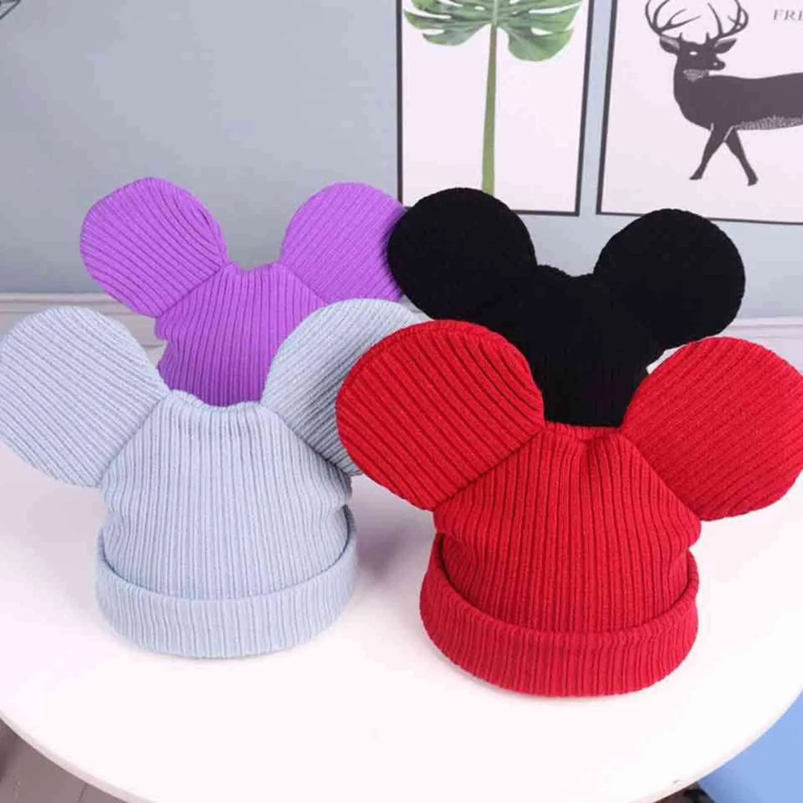Women's Cute Solid Knitted Hats With Cartoon Mouse Ears for Teenager Beanie Cap Unisex Youngster Boy Girl Warm Winter Kitte Hat Y21111