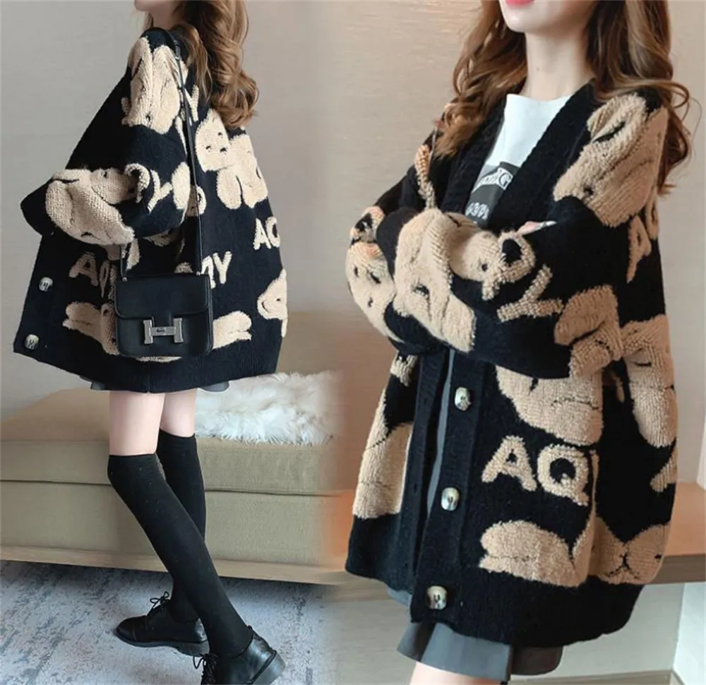 Fashion Women Sweaters Knit Designer V-neck print knitted cardigan girl loose long-sleeved Sweater coat Autumn Winter Sweat Coats Size S-2XL