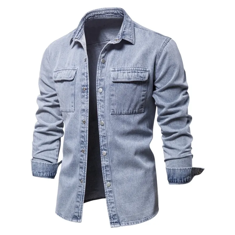 Aiopeson 100% bomull denimskjortor män casual solid färg tjock långärmad för våren hög kvalitet jeans man 210721