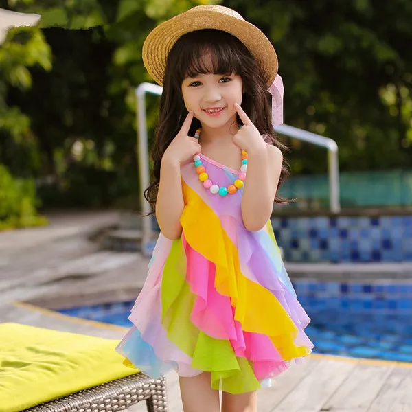 Girls New Summer Rainbow stripe children dress formal princess vest dress 3-11 years elegance Chiffon prom dresses kids Q0716