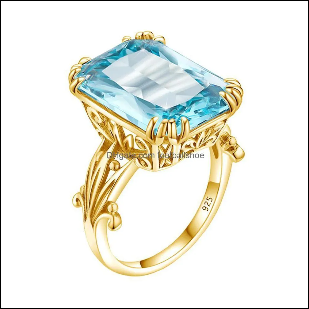 Szjinao Aquamarine Rings 925 Sterling Silver Women 14K Gold Color Blue Topaz Ring Punk Jewellery Rectangle Silver 925 Jewelry Y1124
