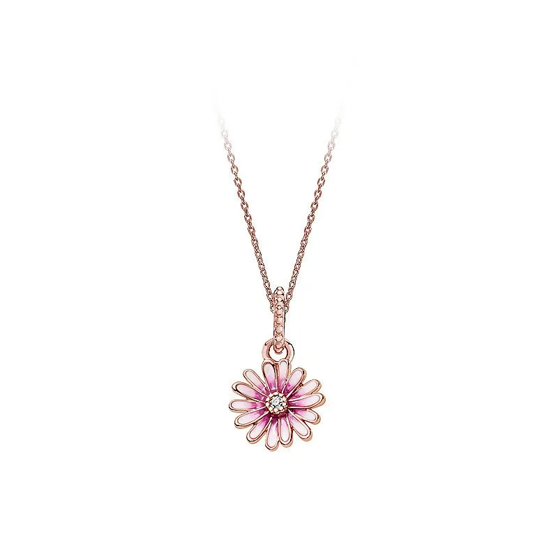 Ny 18k Rosa Daisy Pendant Halsband CZ Diamant Bright Star Chain Project Original Boxed Pandora 925 Sterling Silver Män och Kvinnor Ställ