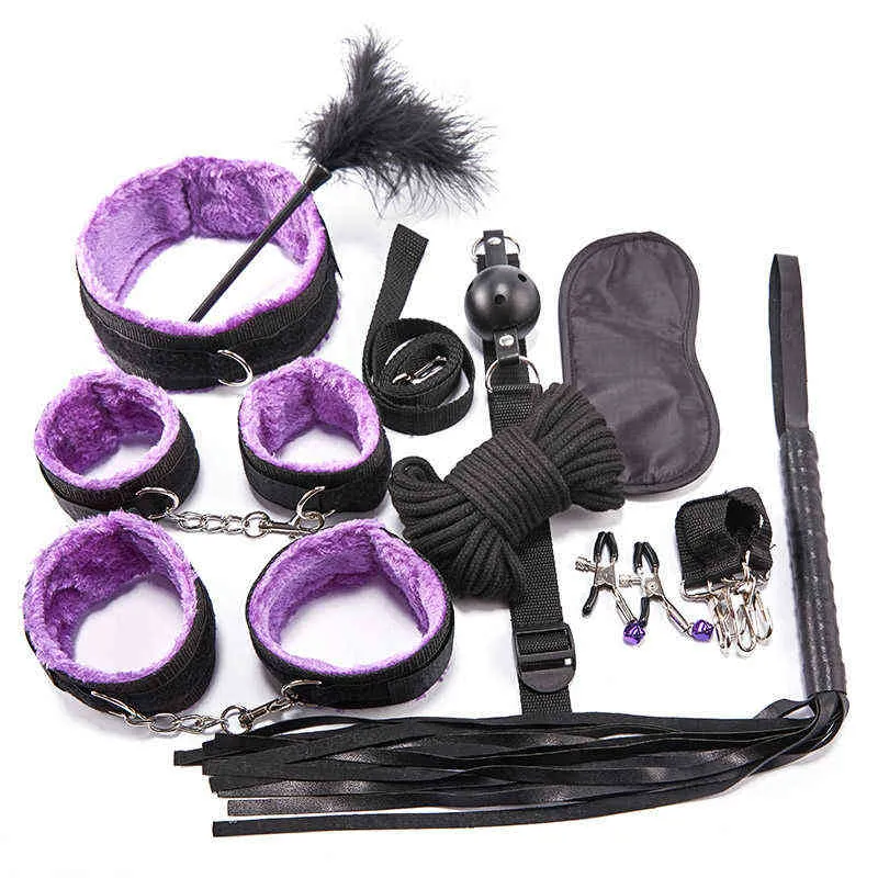NXY SM BONDAGE 10PCS BDSM Секс-наборы для сексных комплектов Эротические игрушки для взрослых Установленные наручники для наручников Зажимы GAG Кнута для пар 1126