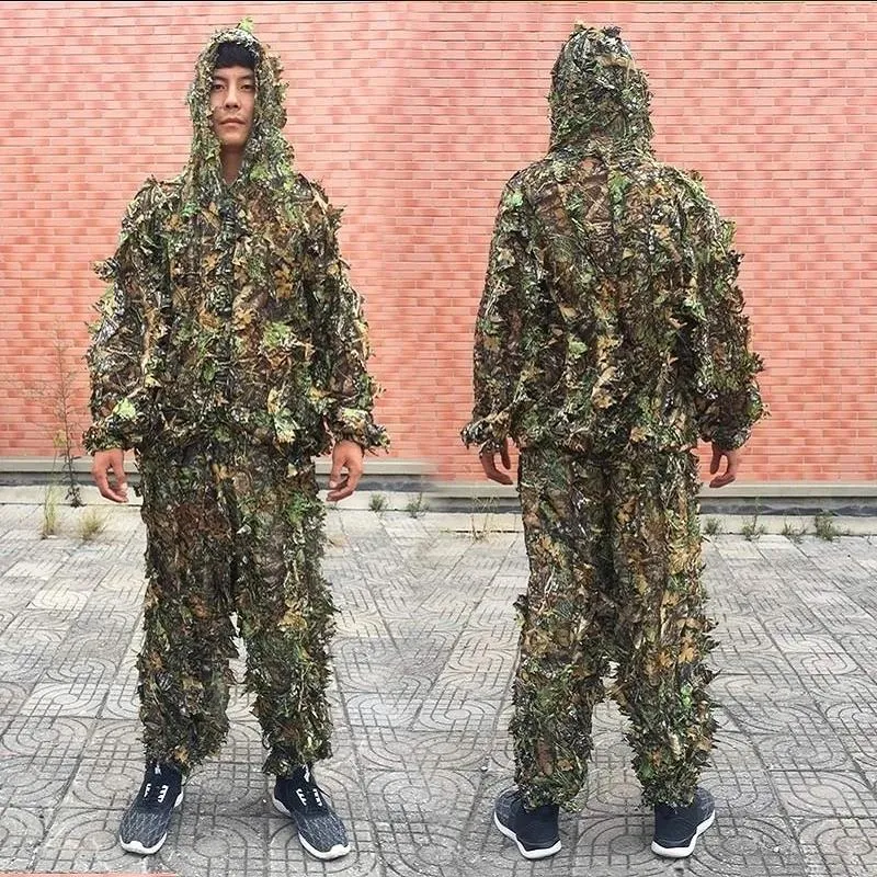 남자 재킷 남자 여자 아이들 야외 Ghillie 정장 위장 옷 정글 CS 훈련 잎 의류 사냥 바지 후드 재킷
