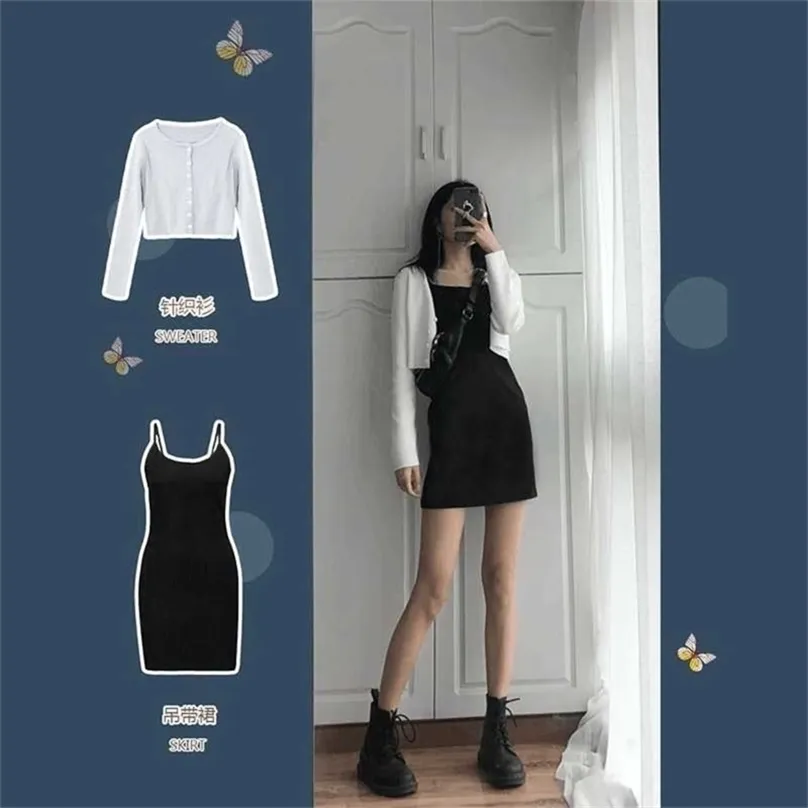 Two Pieces Skirt Set] Black Suspender Dress + White High Waist Top Slim Early Spring Cool Girl Two-piece Suit Set 220302