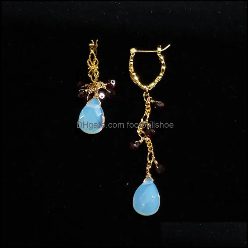 Lustre Lii Ji grenat opale cristal 925 argent Sterling plaqué or boucles d'oreilles asymétriques pierre naturelle bijoux faits à la main pour les femmes cadeau Dangle