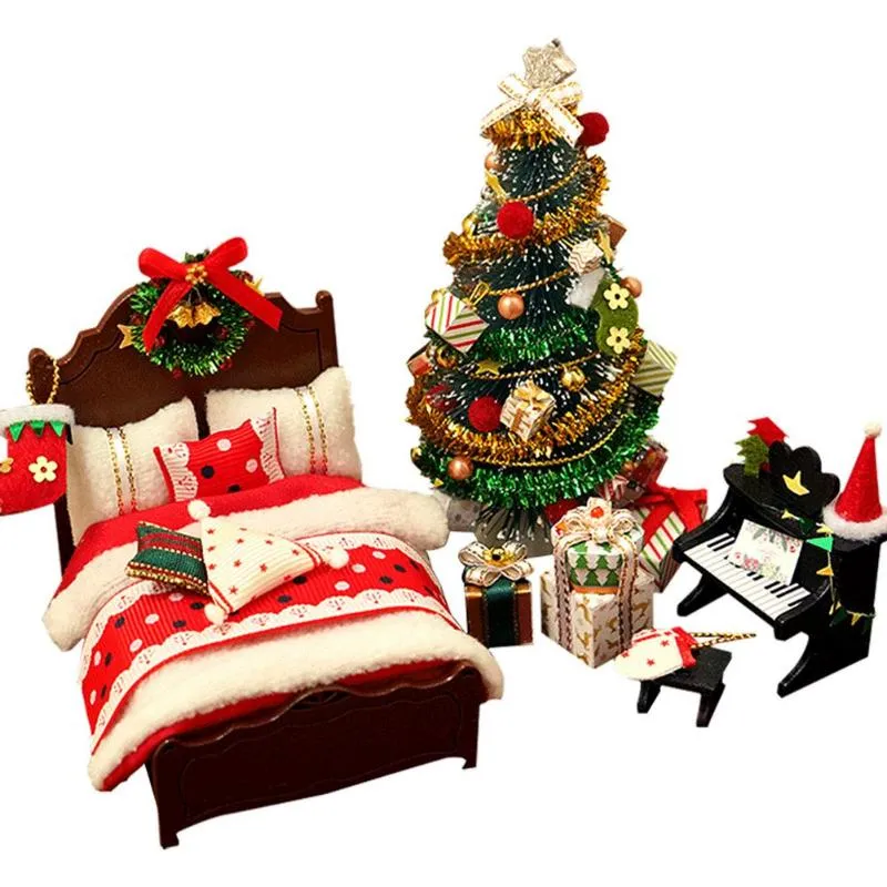 Подарочная упаковка Diy Dockhouse Деревянные кукла Дома Миниатюрный комплект мебели Игрушки для детей Рождество