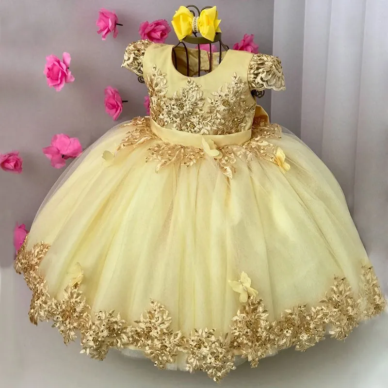 Vestidos de niña de flor de encaje amarillo claro para la boda Mangas cortas con cuentas ¡vestidos de concurso para niños con cuentas Vestidos de primera comunión sin respaldo aplicado 3D 415