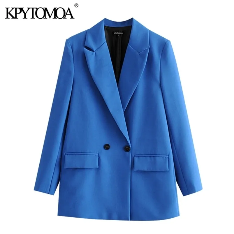 Kpytomoa Kadınlar Moda Ofis Kıyafeti Kruvaze Blazer Ceket Vintage Uzun Kollu Cepler Kadın Giyim Şık 211029 Tops