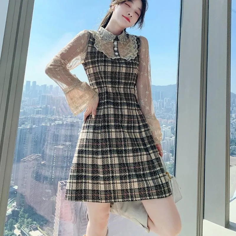 Casual jurken vintage jurk a-lijn vrouwelijke herfst en winter kant patchwork elegant Koreaanse stijl hoge taille plaid mini meisje