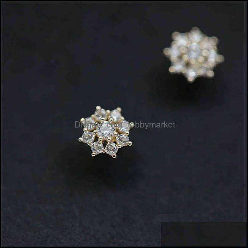 925 Sterling Silver Korean Simple Pav Crystal Snowflake Stud Earrings Women Sweet and Romantic 14k Gold Plating Jewelry Gift