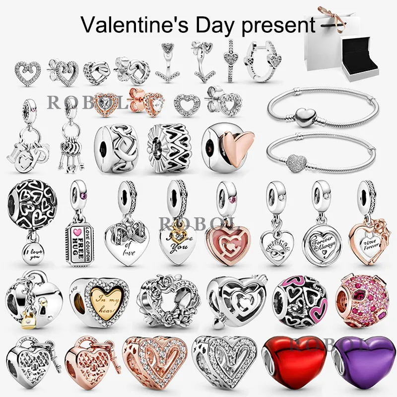 Original 925 Sterling Silver Charm Valentine Series Bracelet Stud Earring Pendant with Original Engraved Jewelry Q0531