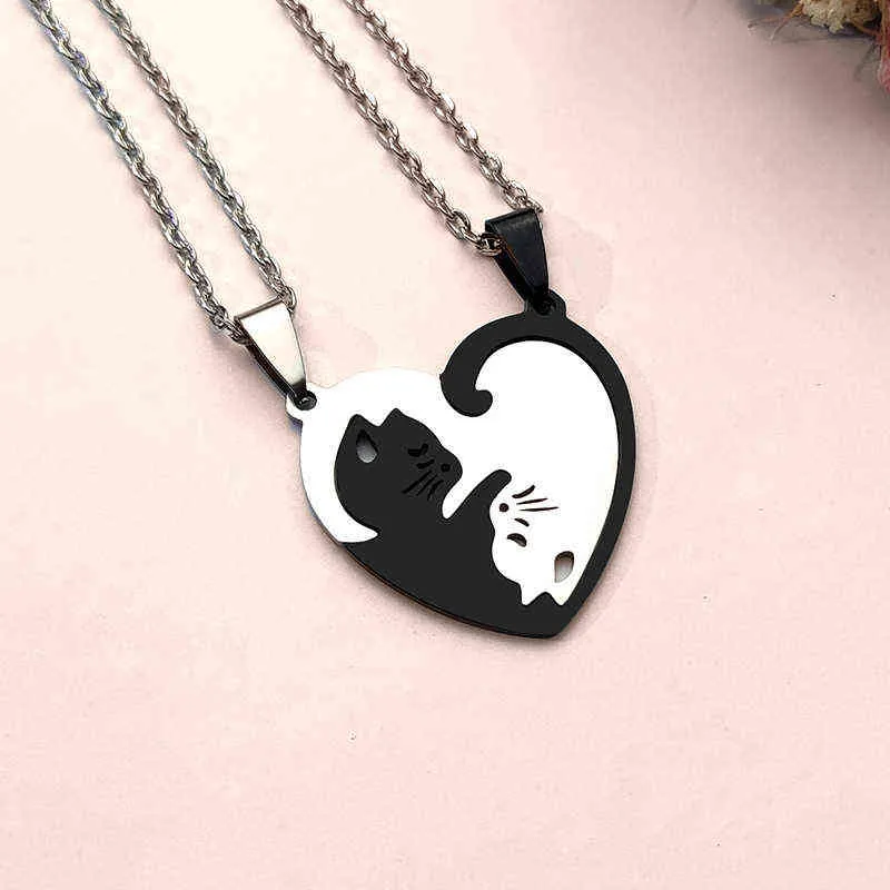 Deux Chat Câlin Couple Collier Noir Blanc Mignon Animal Pendentif Collier Ras Du Cou Meilleurs Amis Femmes Saint Valentin Amant Cadeau G1206