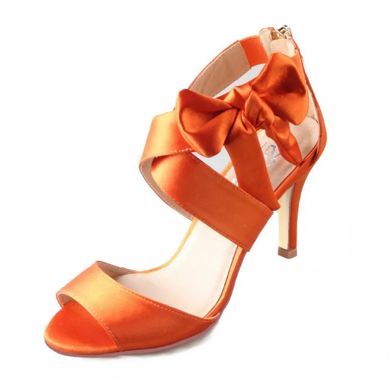 Gekruiste riem buiten boog sandalen verbrand oranje bruids trouwjurk schoenen zomer party prom 8cm hakken pumps rits