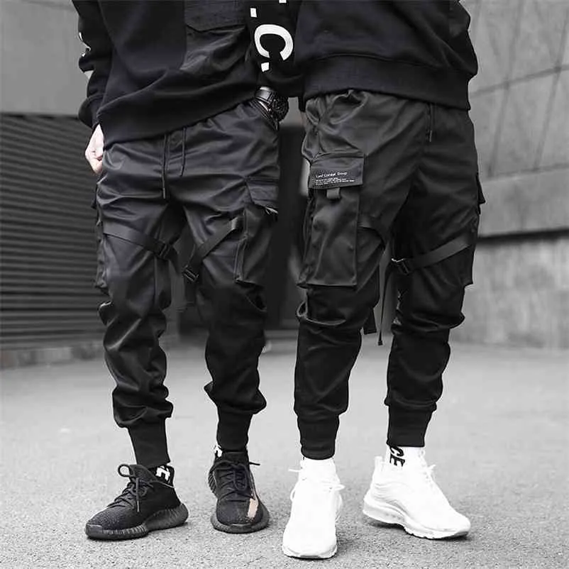 Mężczyźni Cargo Spodnie Czarne Wstążki Block Multi-Pocket Harem Joggers Harajuku Spodnie Harajuku Hop Hop Casual Harem Male Spodnie 210723