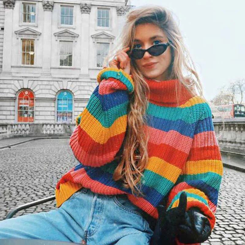 Pull Femme à Rayures Colorées - Tricot épais D'hiver, Col Rond - Confortable, Ample Et Chaud
