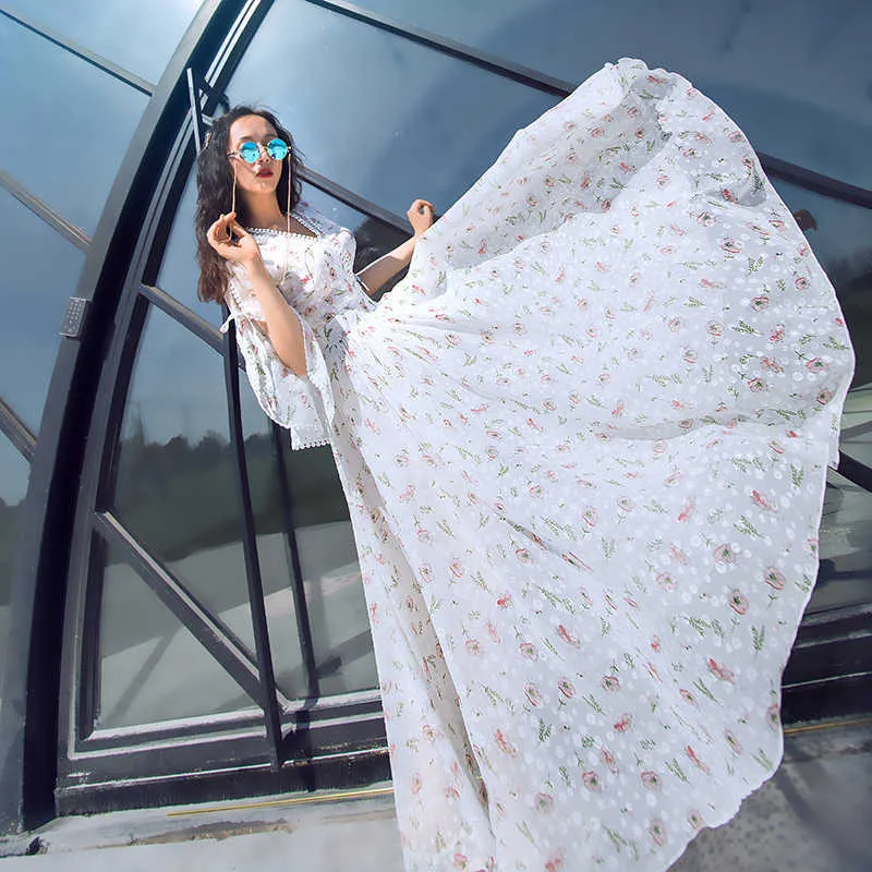 Yosimi White Floral Print Chiffon Lange Vrouwen Jurk Zomer Maxi V-hals Half Mouw Plus Size Kant Party Elegant 210604