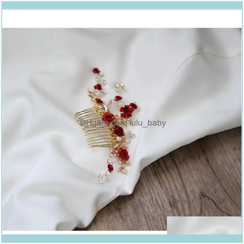 Jonnafe Red Rose Floral Headpiece For Women Prom Rhinestone Bridal Comb Accessories Handmade Wedding Hair Jewelry