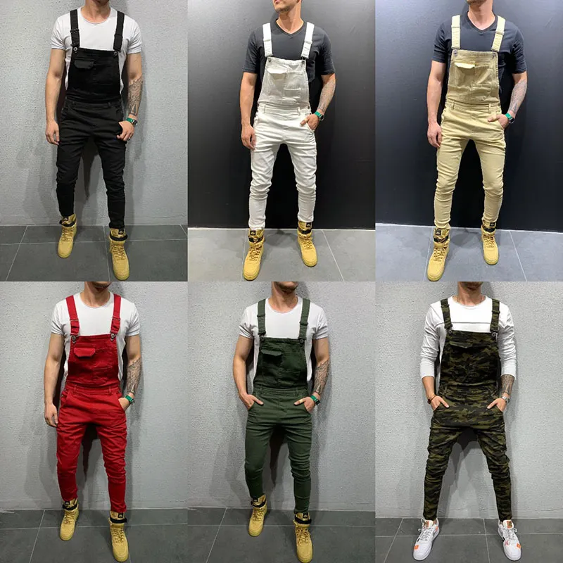 Men's Camouflage Jeans Jumpsuits Hi Street Distressed Denim Bib Overalls For Man Suspender Pants S - 3XL Round The Waist