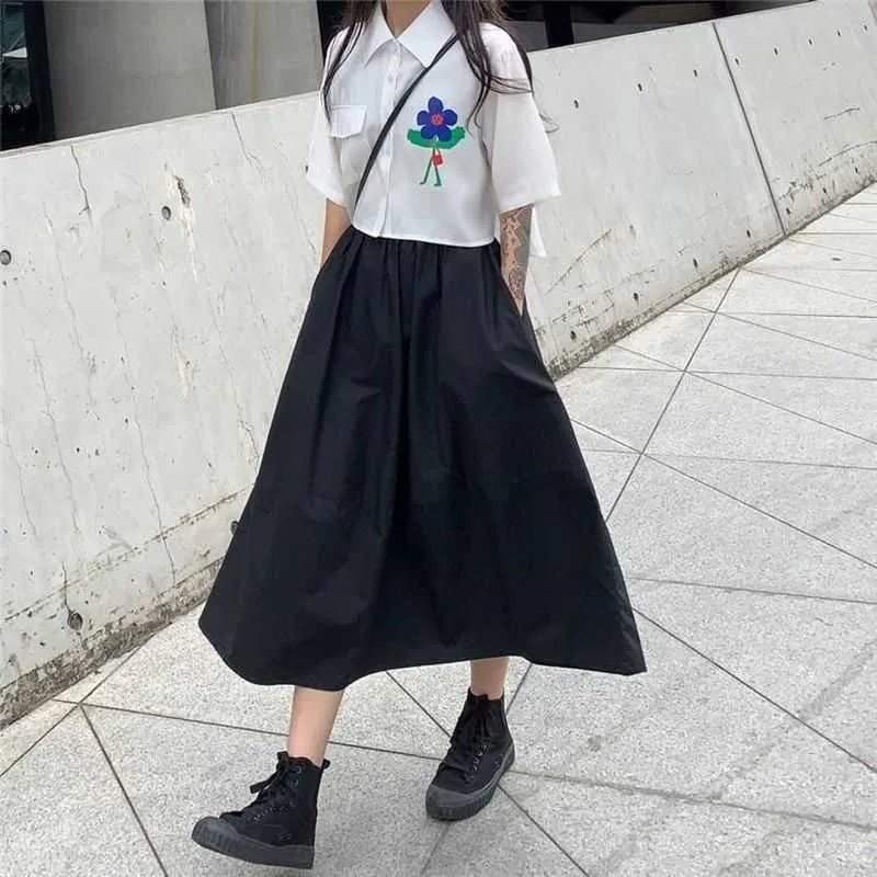 Estilo Preppy Doce Camisa de Flor Japonesa + Carga Saia Mulheres Estudante Duas Peças Longo Vestido Coreano Moda Terno Verão Streetwear 210526