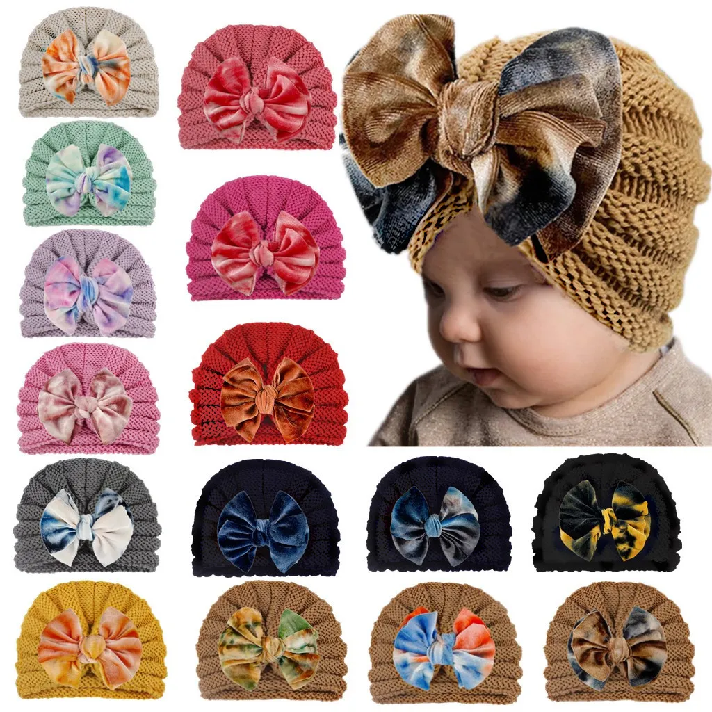 M364 Neue Herbst Winter Baby Mädchen Strickmütze Bunte Schleife Kind Kopfbedeckung Kleinkind Kinder Warme Mützen Turban Hüte Kinder Hüte 15 Farben