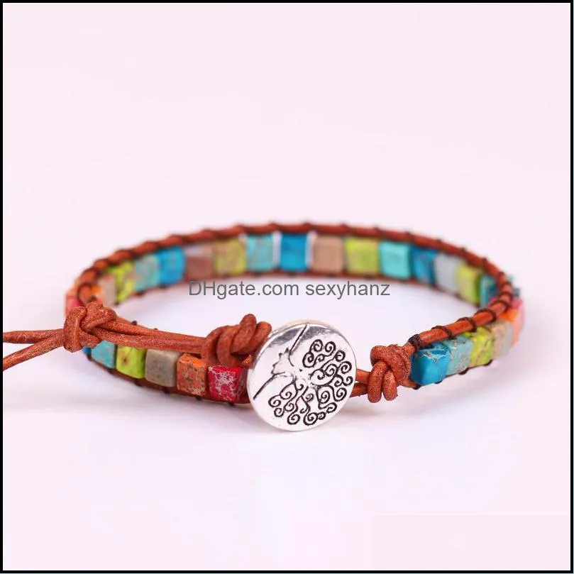 Beaded, Strands Multi Color Chakra Bracelet Handmade Natural Stone Beads Women Men Leather Wrap Bracelets Creative Couples Gift