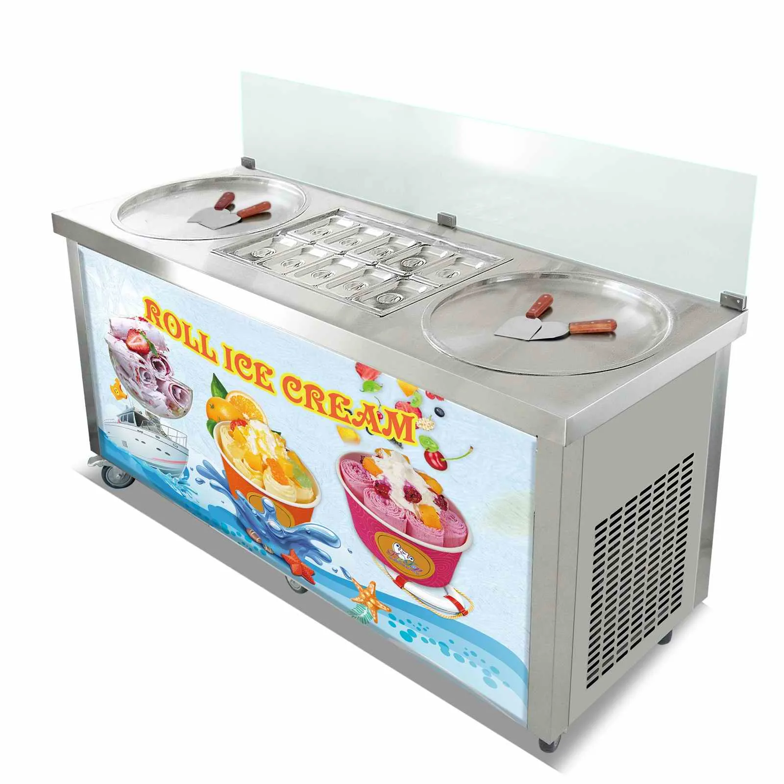 Free shipment to door kitchen tool equipment fried ice cream machine ETL CE double 20 inches pans with 10 cooling tank